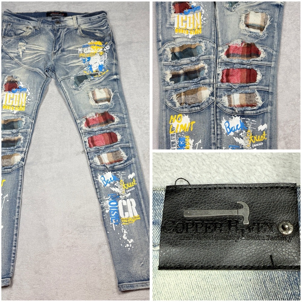 Copper Rivet Jeans Mens 32x32 Slim Stretch Streetwear HipHop Graffiti Bleached‎
